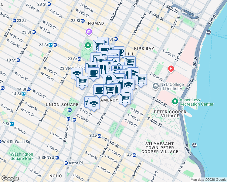 map of restaurants, bars, coffee shops, grocery stores, and more near 17 Lexington Avenue in New York