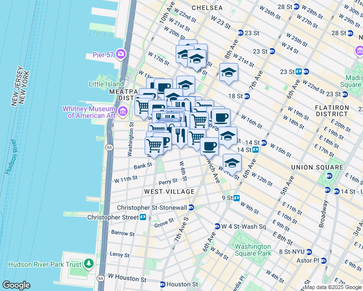 map of restaurants, bars, coffee shops, grocery stores, and more near 45 8th Avenue in New York