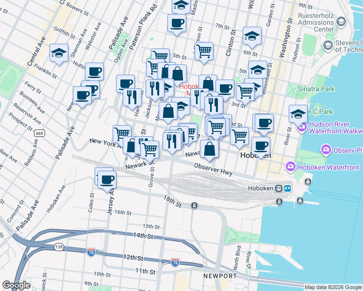 map of restaurants, bars, coffee shops, grocery stores, and more near 70 Adams Street in Hoboken