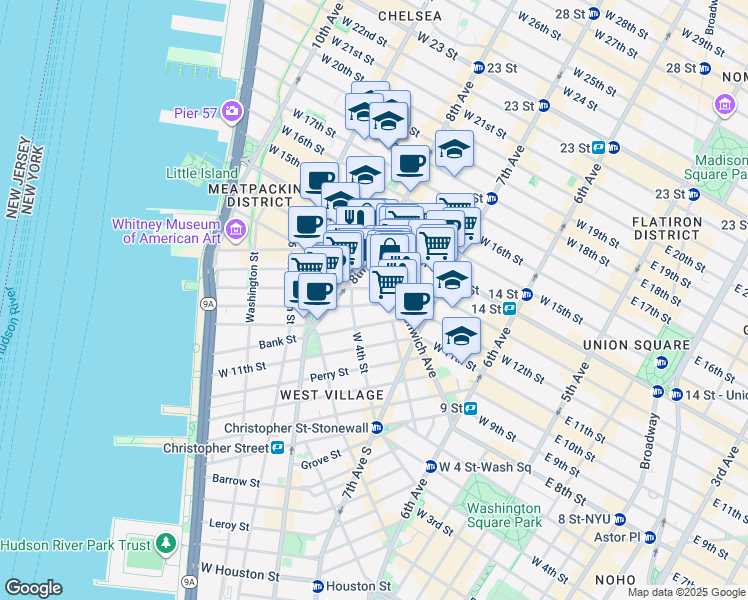 map of restaurants, bars, coffee shops, grocery stores, and more near 257 West 12th Street in New York