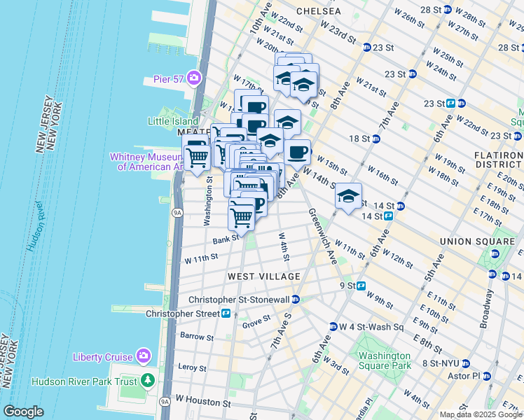 map of restaurants, bars, coffee shops, grocery stores, and more near 616 Hudson Street in New York