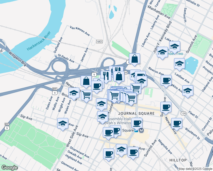 map of restaurants, bars, coffee shops, grocery stores, and more near 6 Senate Place in Jersey City