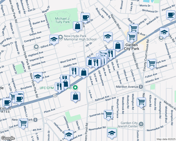map of restaurants, bars, coffee shops, grocery stores, and more near 24 Denton Avenue in New Hyde Park