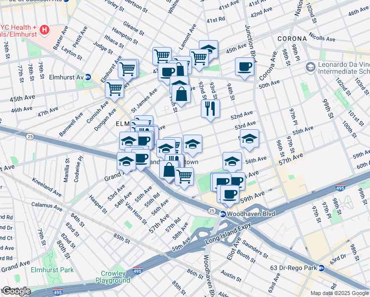 map of restaurants, bars, coffee shops, grocery stores, and more near 52-09 90th Street in Queens