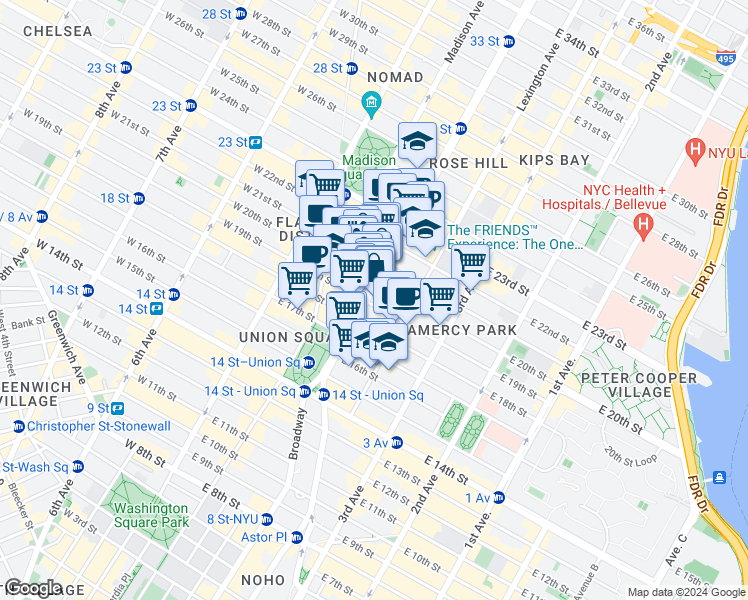 map of restaurants, bars, coffee shops, grocery stores, and more near 255 Park Avenue South in New York
