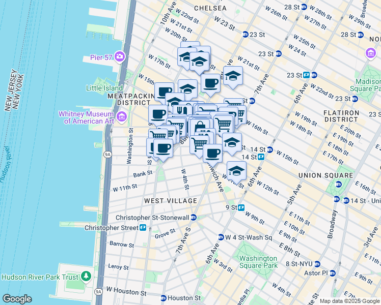 map of restaurants, bars, coffee shops, grocery stores, and more near 121 Greenwich Avenue in New York