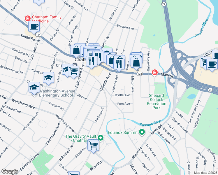 map of restaurants, bars, coffee shops, grocery stores, and more near 38 Hillside Avenue in Chatham