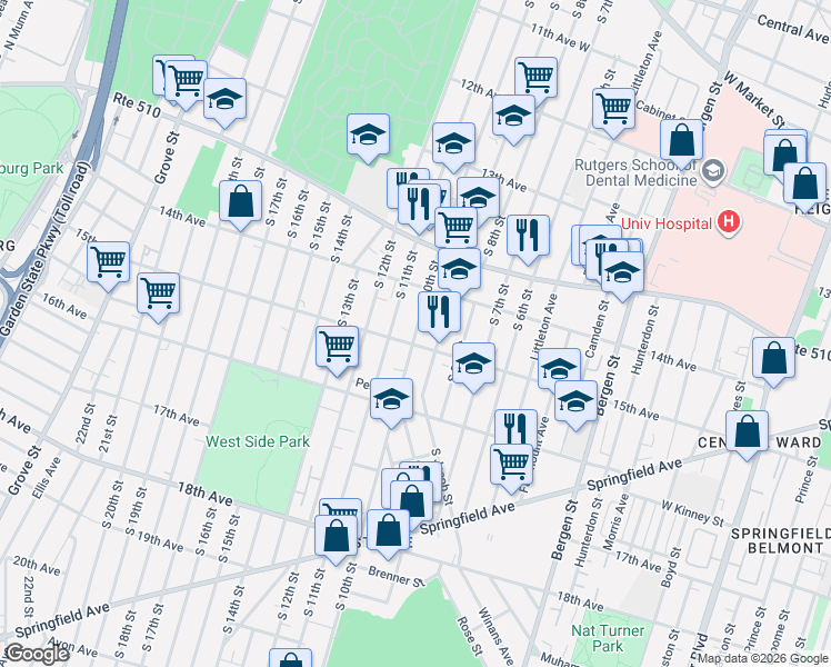 map of restaurants, bars, coffee shops, grocery stores, and more near 436 South 11th Street in Newark