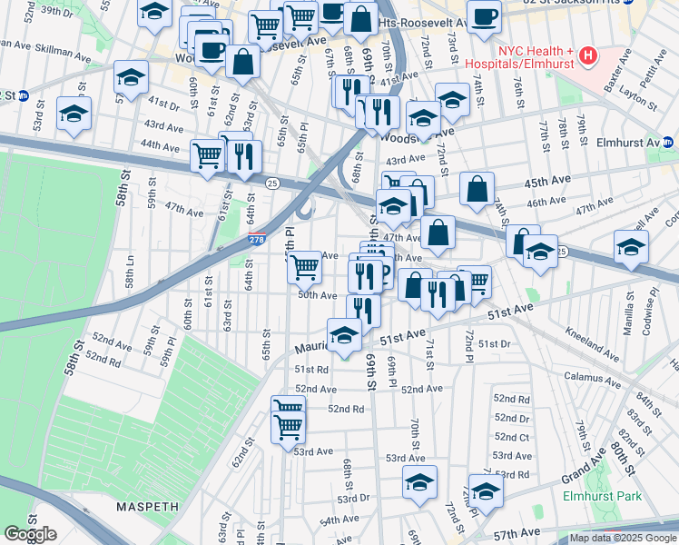 map of restaurants, bars, coffee shops, grocery stores, and more near 47-17 67th Street in Queens
