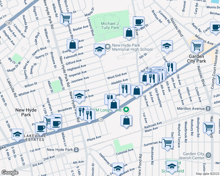 map of restaurants, bars, coffee shops, grocery stores, and more near 1711 Aladdin Avenue in New Hyde Park