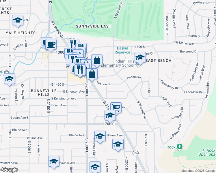 map of restaurants, bars, coffee shops, grocery stores, and more near 2402 Beacon Drive in Salt Lake City