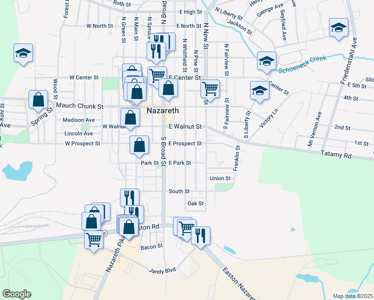 map of restaurants, bars, coffee shops, grocery stores, and more near 213 South Whitfield Street in Nazareth