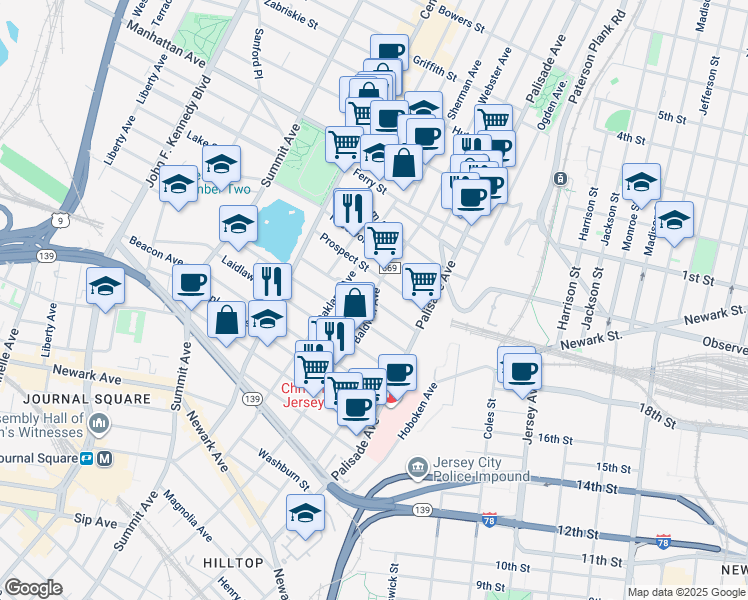 map of restaurants, bars, coffee shops, grocery stores, and more near 499 Baldwin Avenue in Jersey City