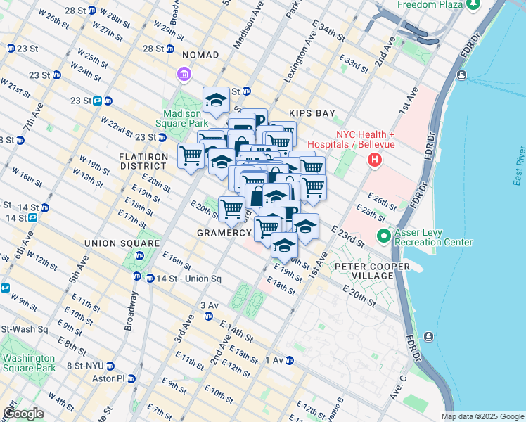 map of restaurants, bars, coffee shops, grocery stores, and more near 210 East 22nd Street in New York