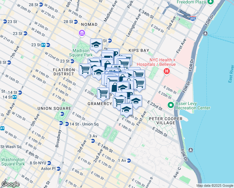 map of restaurants, bars, coffee shops, grocery stores, and more near 210 East 22nd Street in New York