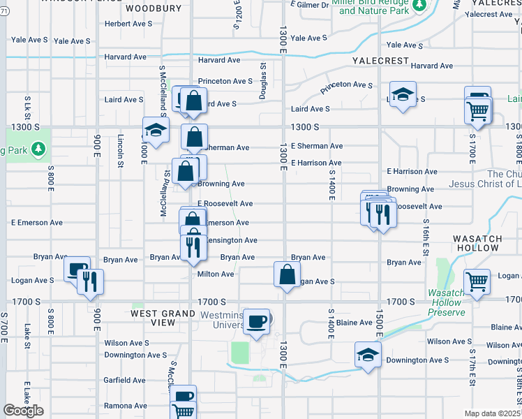 map of restaurants, bars, coffee shops, grocery stores, and more near 1236 Browning Avenue South in Salt Lake City
