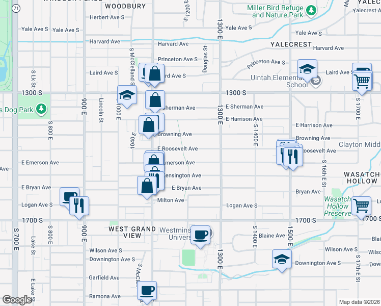 map of restaurants, bars, coffee shops, grocery stores, and more near 1203 Roosevelt Avenue South in Salt Lake City