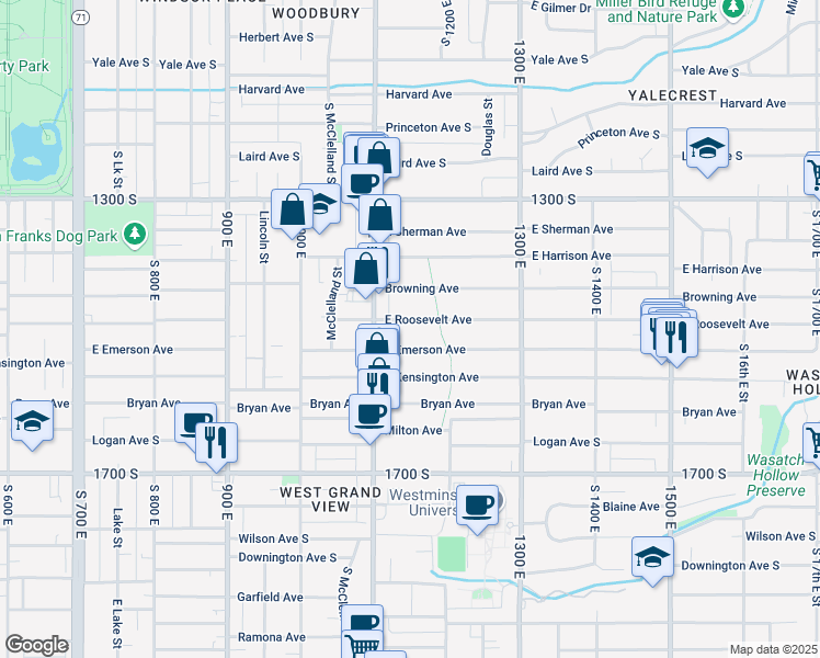 map of restaurants, bars, coffee shops, grocery stores, and more near 1151 Roosevelt Avenue South in Salt Lake City