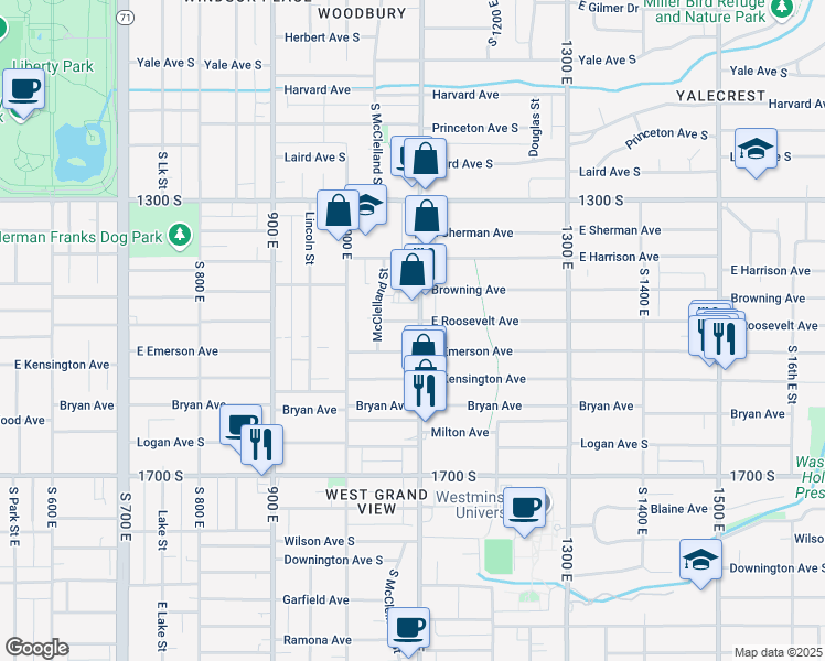 map of restaurants, bars, coffee shops, grocery stores, and more near 1433 1100 East in Salt Lake City