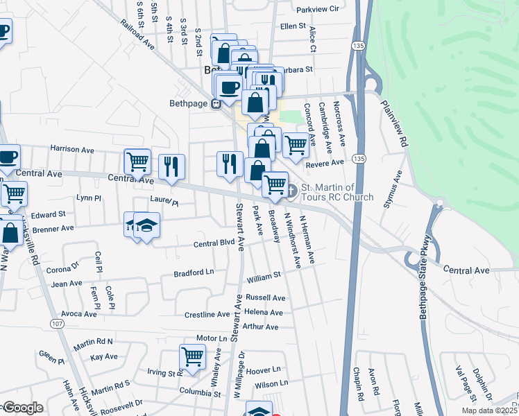 map of restaurants, bars, coffee shops, grocery stores, and more near 276 Central Avenue in Bethpage