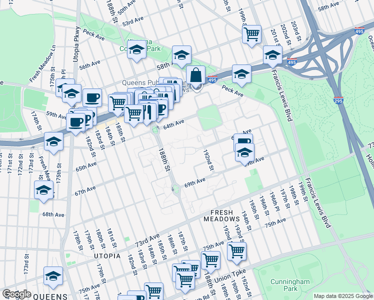 map of restaurants, bars, coffee shops, grocery stores, and more near 188-02 64th Avenue in Queens