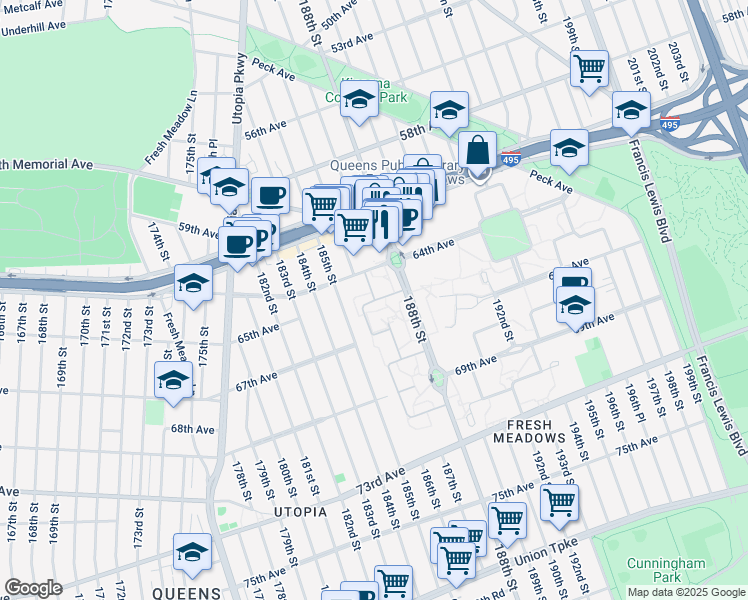 map of restaurants, bars, coffee shops, grocery stores, and more near 64-5B 186th Lane in Queens