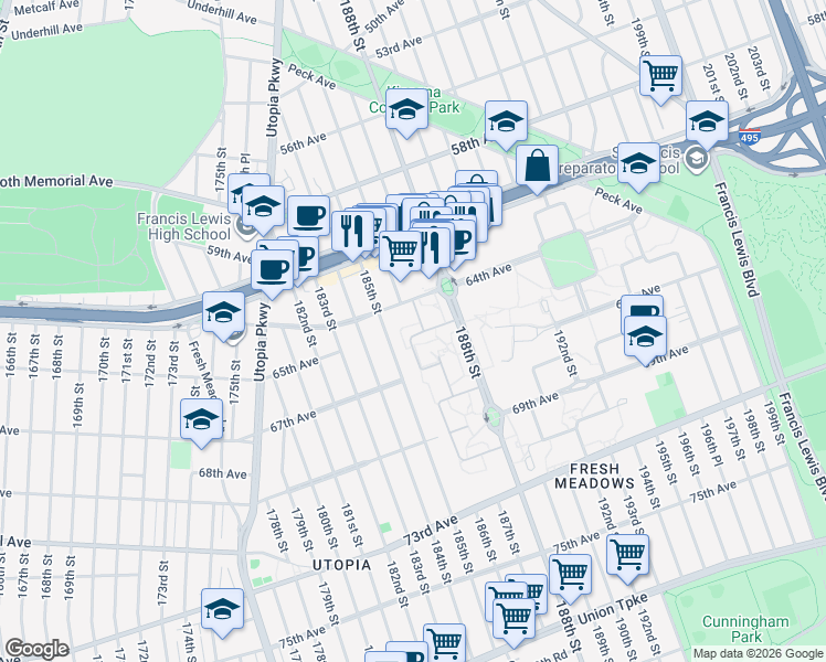 map of restaurants, bars, coffee shops, grocery stores, and more near 64-5B 186th Lane in Queens