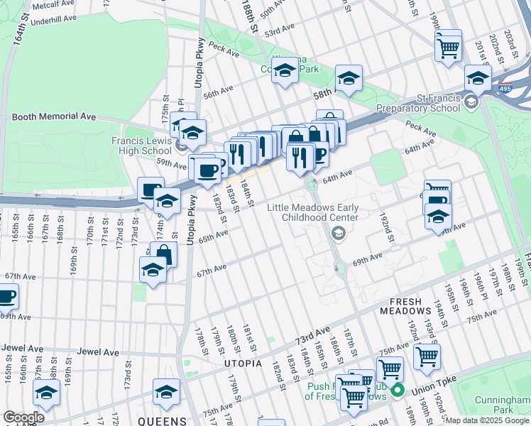 map of restaurants, bars, coffee shops, grocery stores, and more near 185-6 64th Avenue in Queens