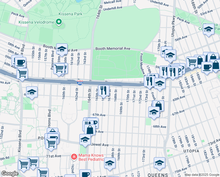 map of restaurants, bars, coffee shops, grocery stores, and more near 60-11 167th Street in Queens