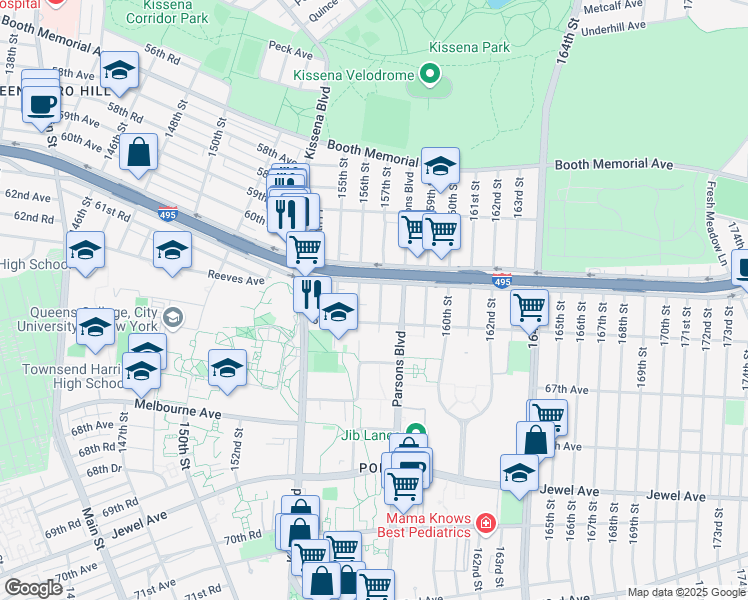 map of restaurants, bars, coffee shops, grocery stores, and more near in Queens