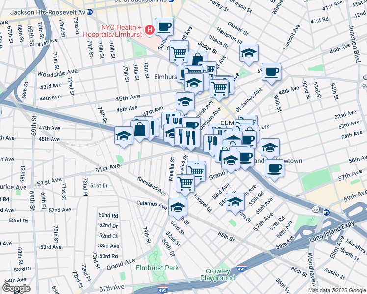 map of restaurants, bars, coffee shops, grocery stores, and more near in Queens
