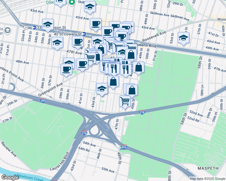 map of restaurants, bars, coffee shops, grocery stores, and more near 4829 46th Street in Queens