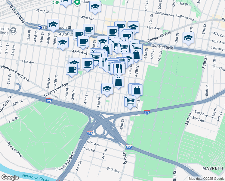 map of restaurants, bars, coffee shops, grocery stores, and more near 48-39 44th Street in Queens