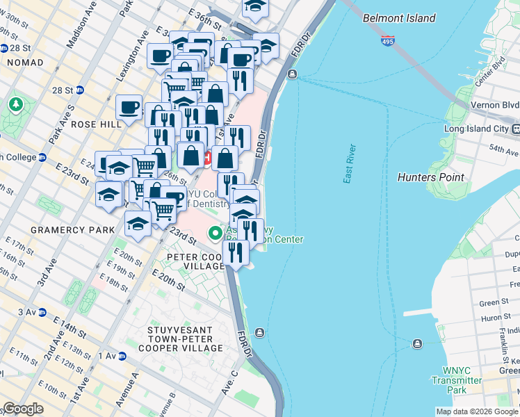 map of restaurants, bars, coffee shops, grocery stores, and more near 40 Waterside Plaza in New York