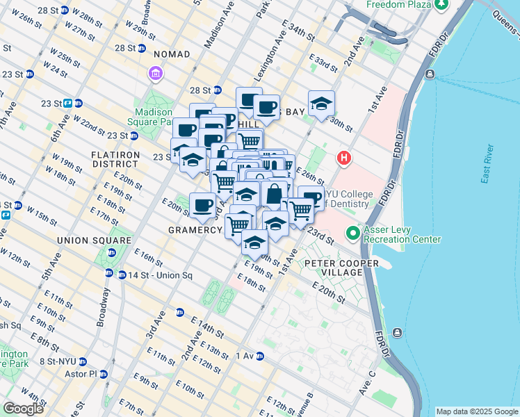 map of restaurants, bars, coffee shops, grocery stores, and more near 285 East 23rd Street in New York
