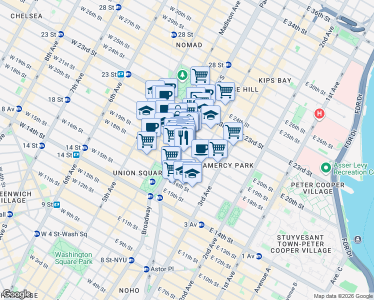 map of restaurants, bars, coffee shops, grocery stores, and more near 239 Park Avenue South in New York