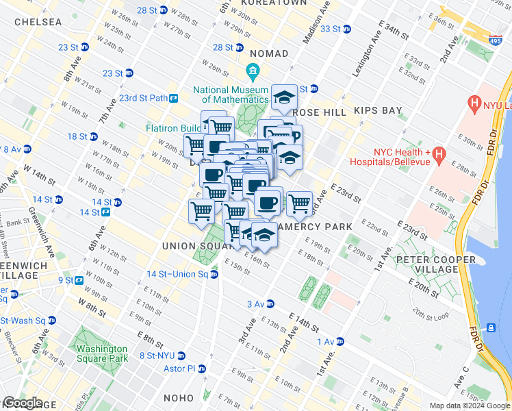 map of restaurants, bars, coffee shops, grocery stores, and more near 255 Park Avenue South in New York