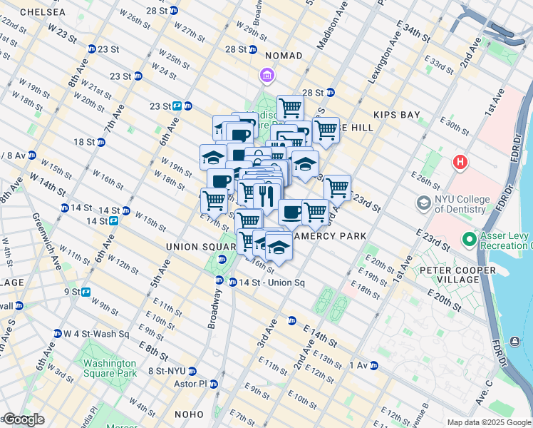 map of restaurants, bars, coffee shops, grocery stores, and more near 255 Park Avenue South in New York