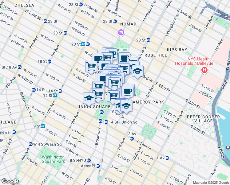 map of restaurants, bars, coffee shops, grocery stores, and more near 30 East 20th Street in New York