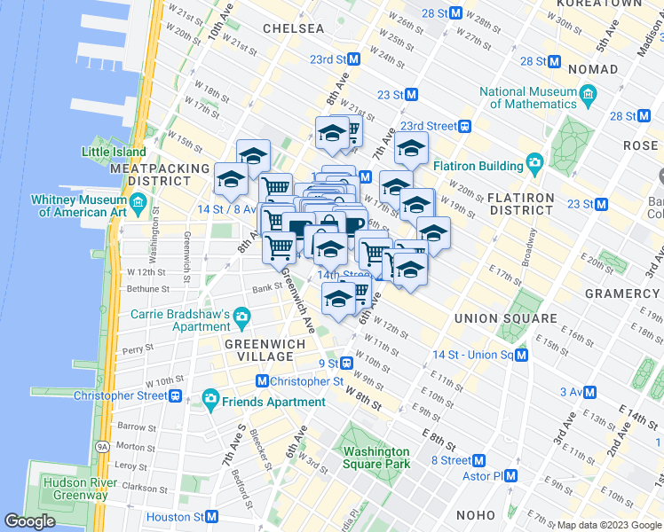 map of restaurants, bars, coffee shops, grocery stores, and more near 39 7th Avenue in New York