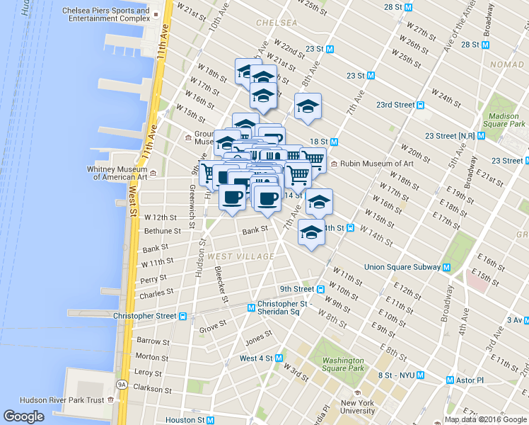 map of restaurants, bars, coffee shops, grocery stores, and more near 121 Greenwich Avenue in New York
