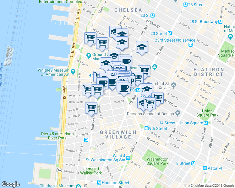 map of restaurants, bars, coffee shops, grocery stores, and more near 121 Greenwich Avenue in New York