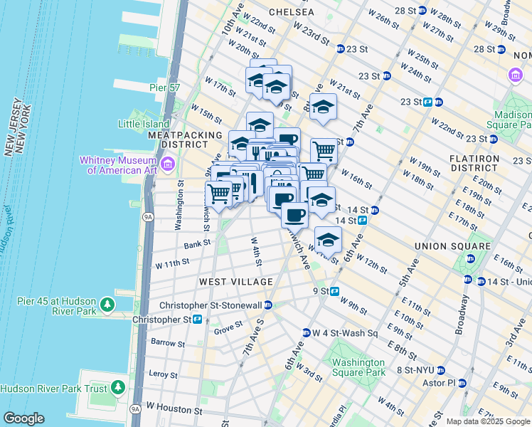 map of restaurants, bars, coffee shops, grocery stores, and more near 121 Greenwich Avenue in New York