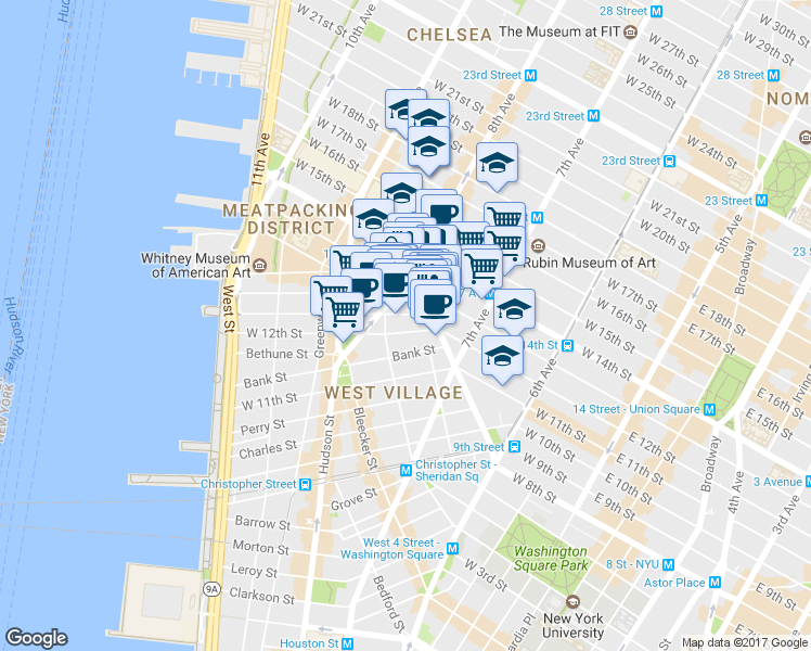 map of restaurants, bars, coffee shops, grocery stores, and more near 121 Greenwich Avenue in New York