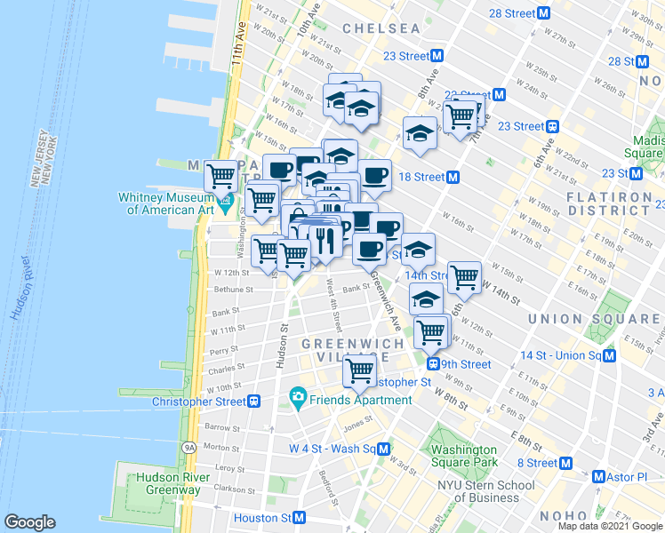 map of restaurants, bars, coffee shops, grocery stores, and more near 45 8th Avenue in New York