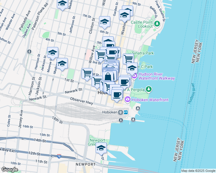 map of restaurants, bars, coffee shops, grocery stores, and more near 128 Washington Street in Hoboken