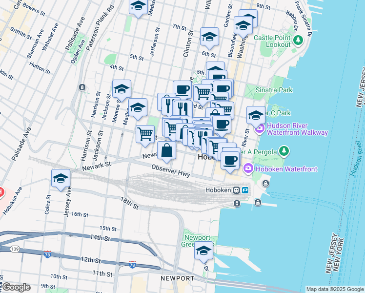 map of restaurants, bars, coffee shops, grocery stores, and more near 109 Willow Avenue in Hoboken