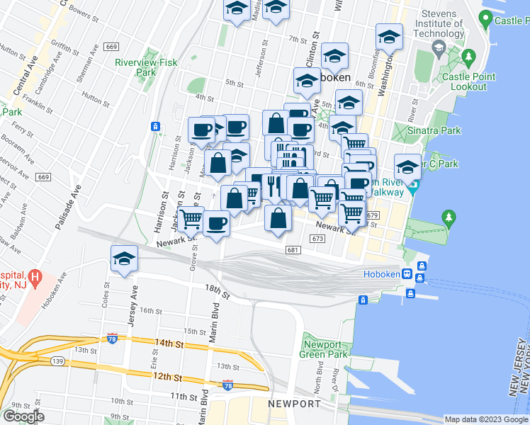 map of restaurants, bars, coffee shops, grocery stores, and more near in Hoboken