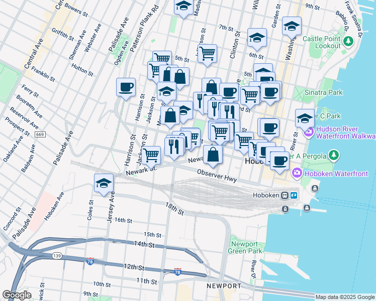 map of restaurants, bars, coffee shops, grocery stores, and more near 413a 1st Street in Hoboken