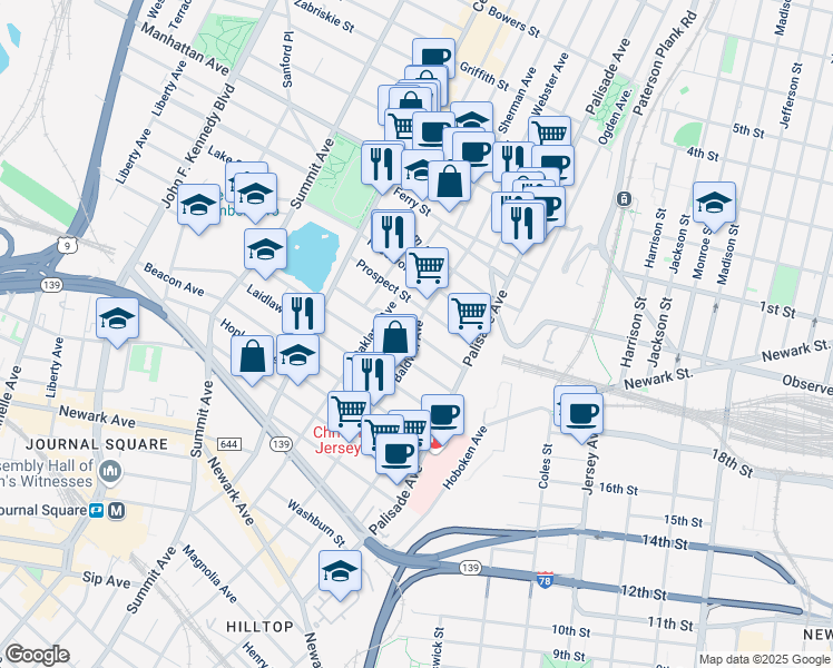 map of restaurants, bars, coffee shops, grocery stores, and more near in Jersey City